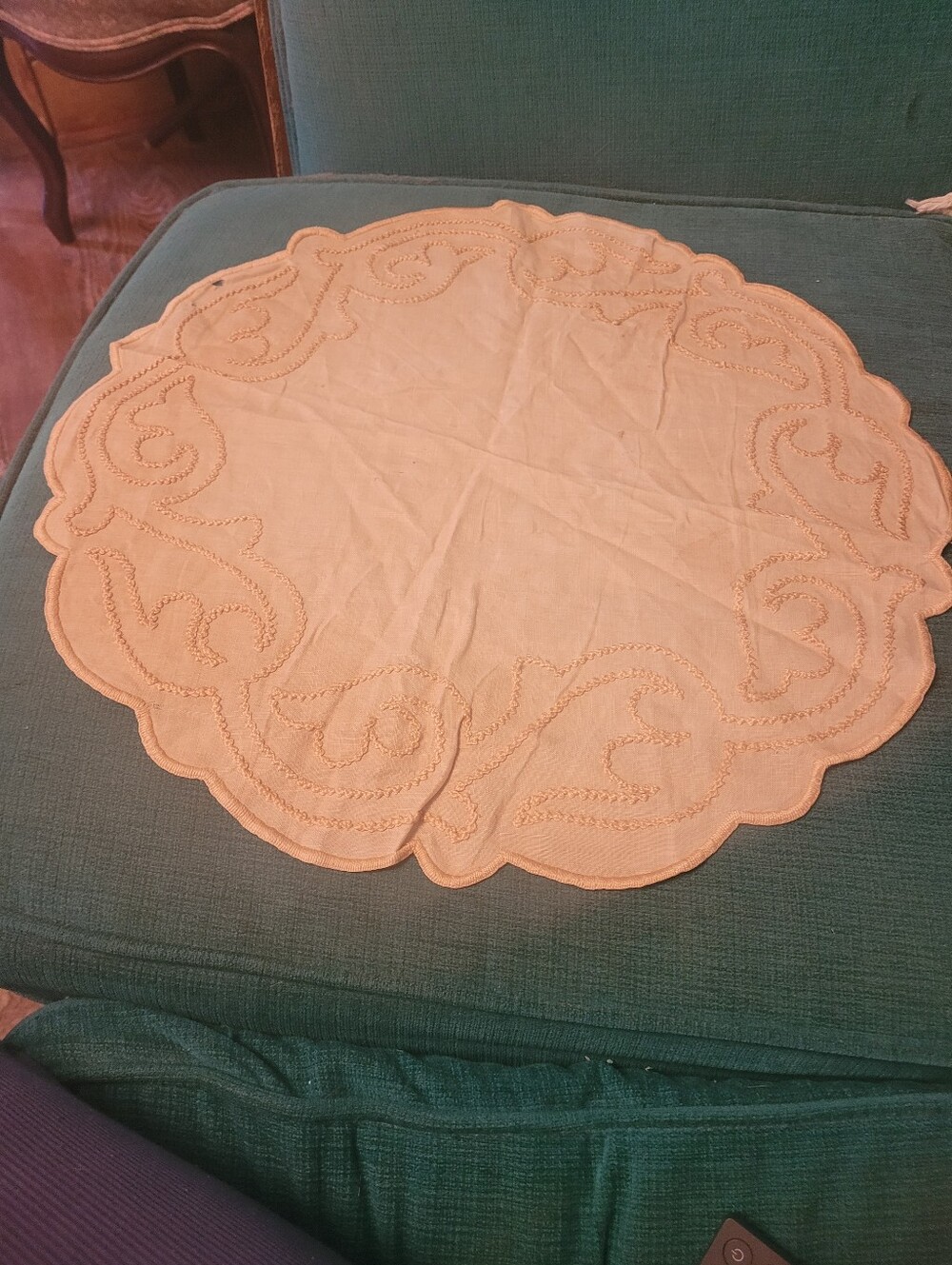 Embroidered Round Linen Table Topper - Cream